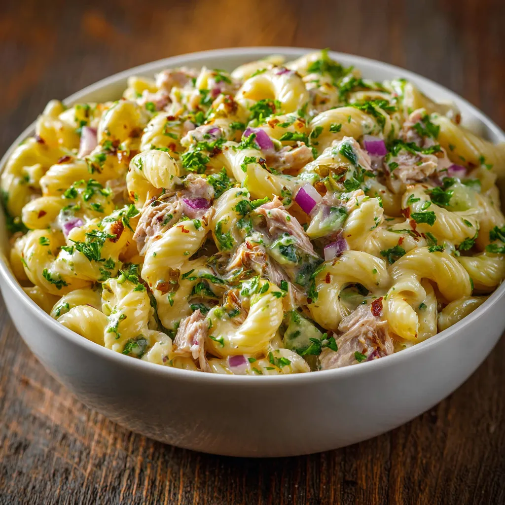 Tuna macaroni salad 5 Creamy tuna macaroni salad in a white bowl with celery and onion