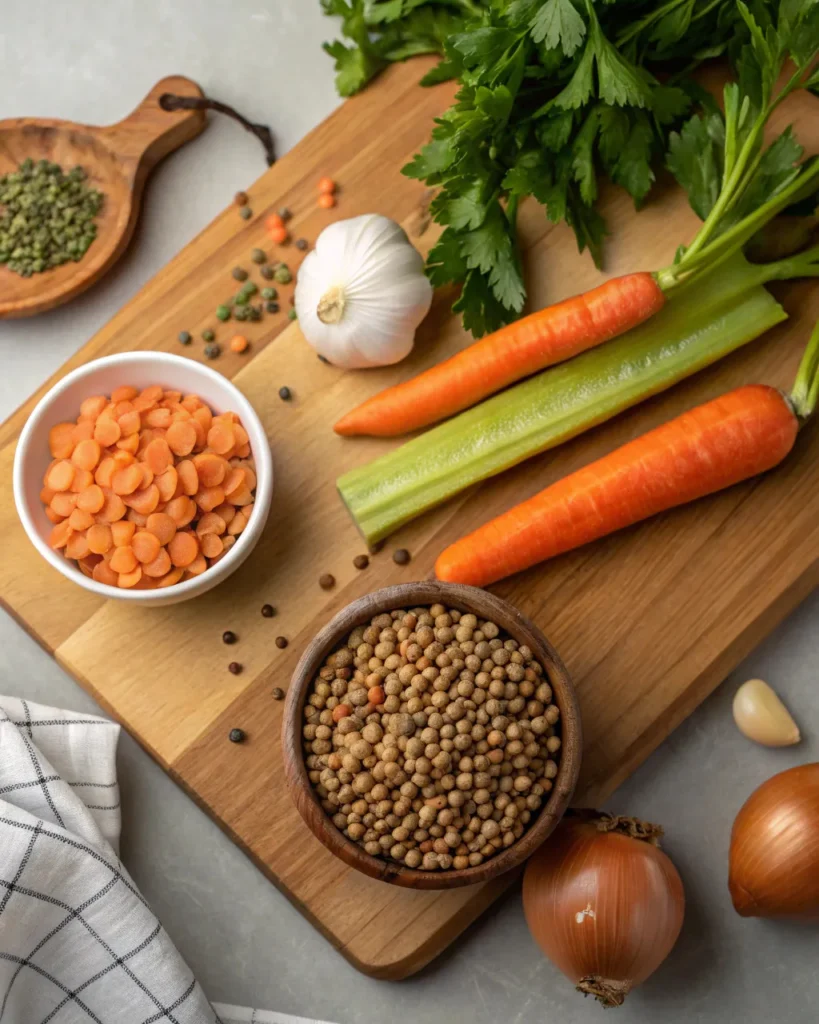 Ingredients for making vegan lentil soup