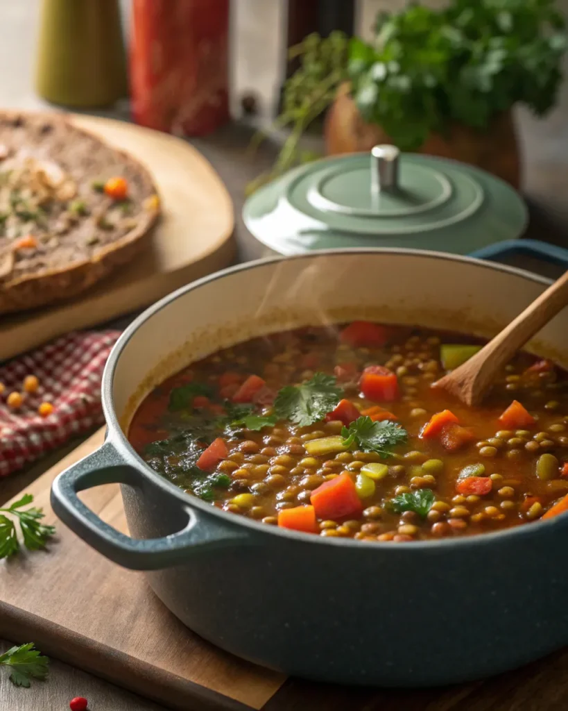 Vegan lentil soup simmering in a Dutch oven