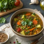 Hearty vegan lentil soup with vegetables and herbs