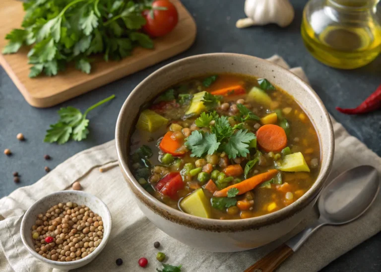 Hearty vegan lentil soup with vegetables and herbs