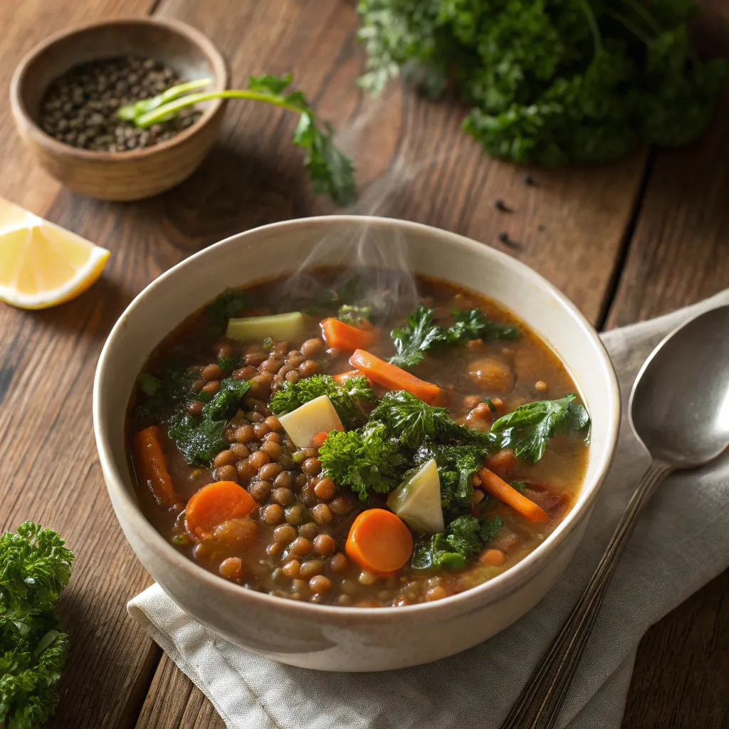 A bowl of hearty vegan lentil soup with vegetables and fresh herbs