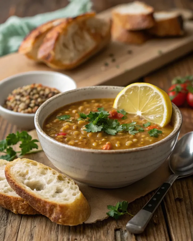 Vegan lentil soup with bread and fresh garnish