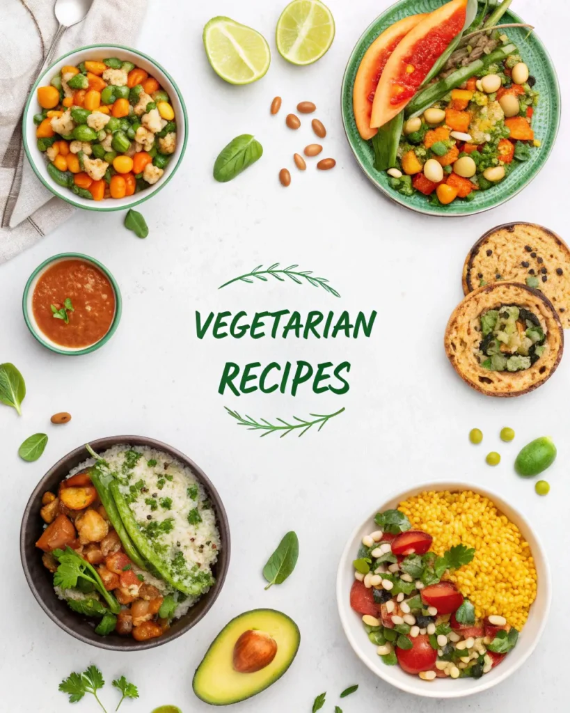 Vegetarian dishes surrounding a recipe title on white background