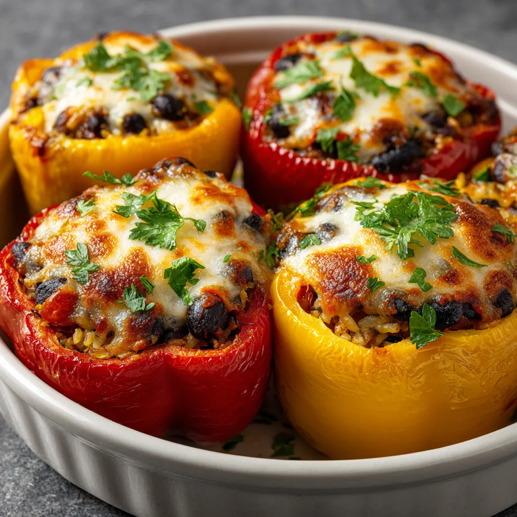 vegetarian stuffed bell peppers in baking dish with cheese and parsley