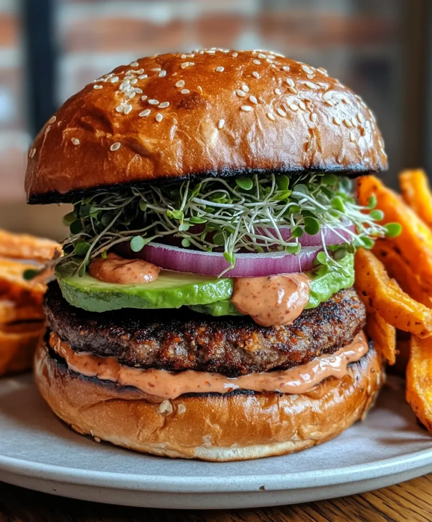 Veggie Burger Recipe 4 Assembled veggie burger with creative toppings and fries