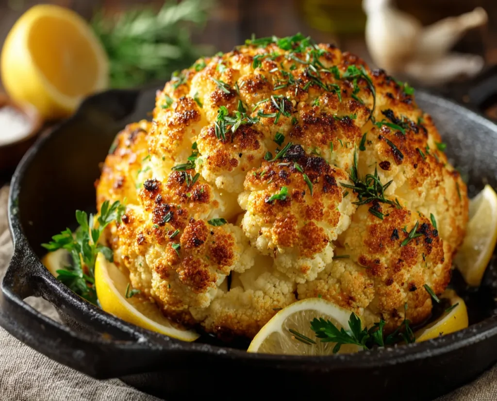 Whole roasted cauliflower fresh out of oven in cast iron skillet