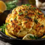 Whole roasted cauliflower fresh out of oven in cast iron skillet