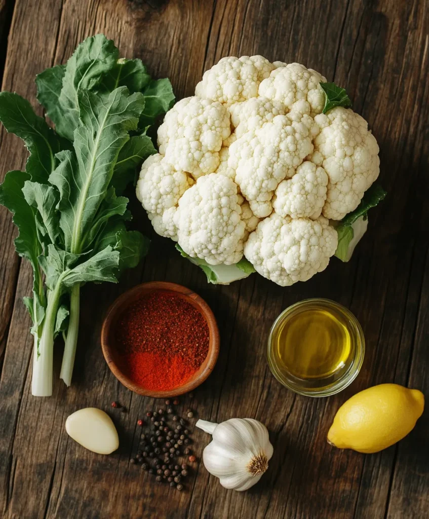 Whole Roasted Cauliflower 2 Whole roasted cauliflower ingredients laid out on table
