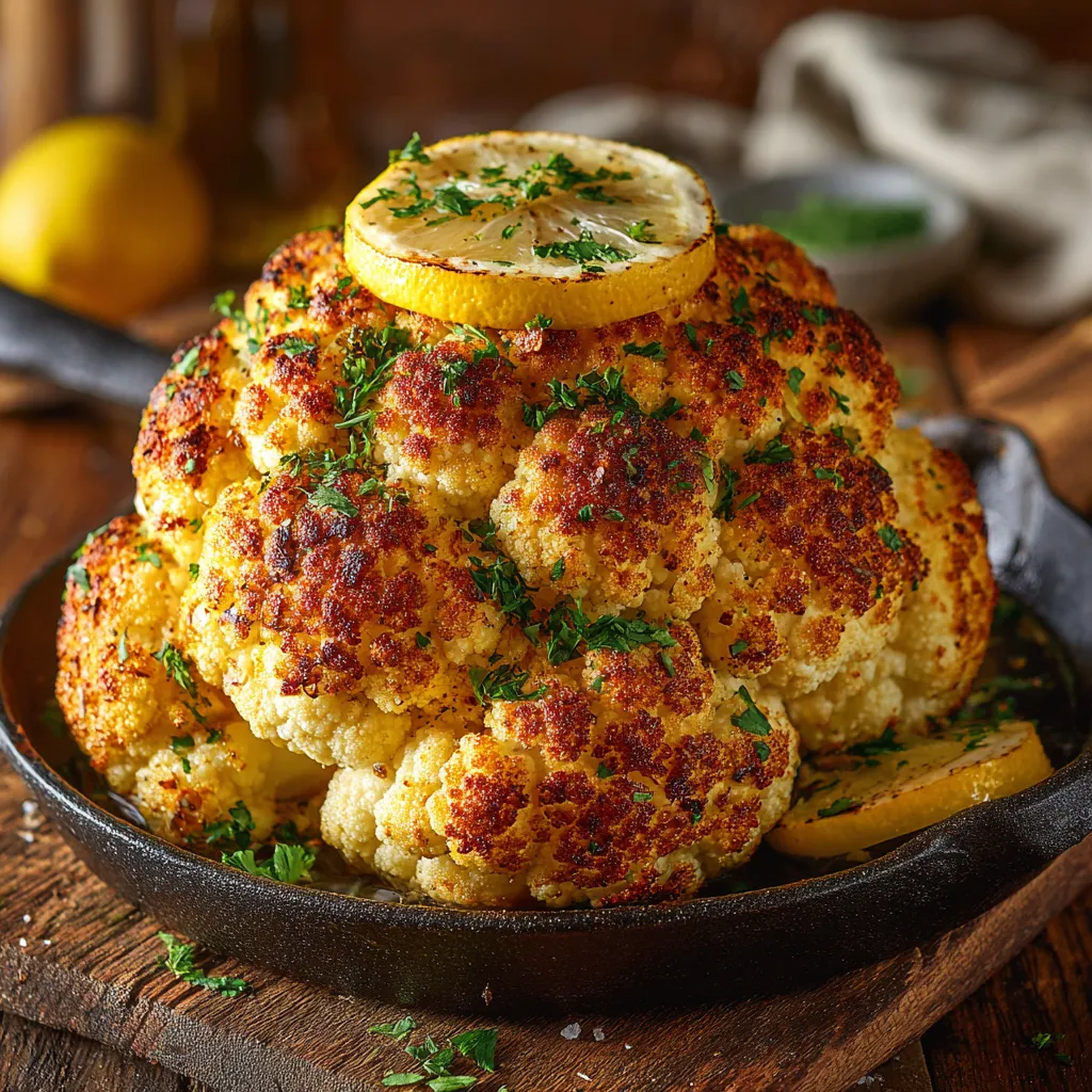 Whole Roasted Cauliflower 6 Whole roasted cauliflower in cast iron skillet with herbs and lemon