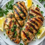 Grilled Greek yogurt chicken marinade on a white plate with lemon wedges, fresh herbs, and yogurt sauce.