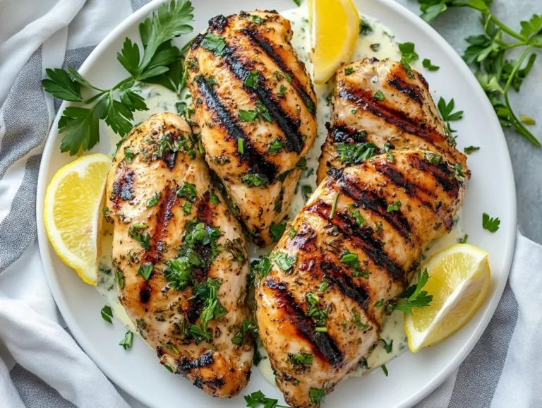 Grilled Greek yogurt chicken marinade on a white plate with lemon wedges, fresh herbs, and yogurt sauce.