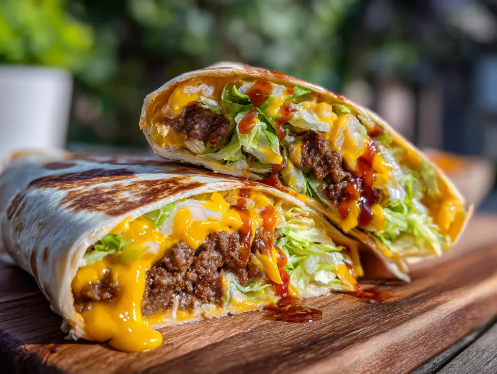 Sliced Big Mac wrap with lettuce, beef, cheese, and sauce
