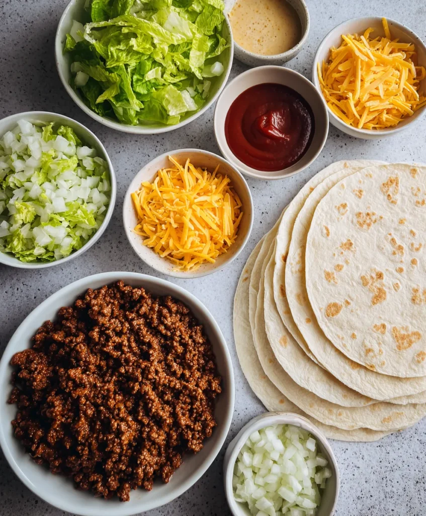 Ingredients for Big Mac wraps laid out on a counter