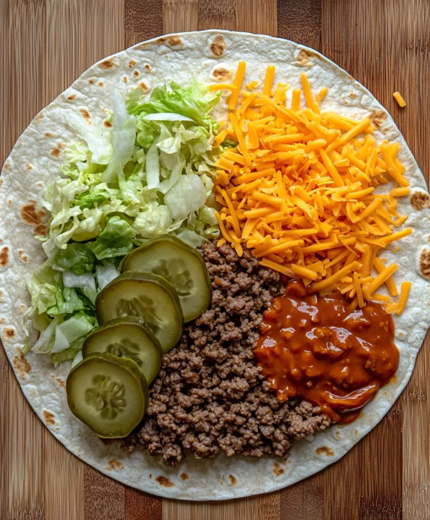 Open tortilla with Big Mac wrap ingredients ready to fold