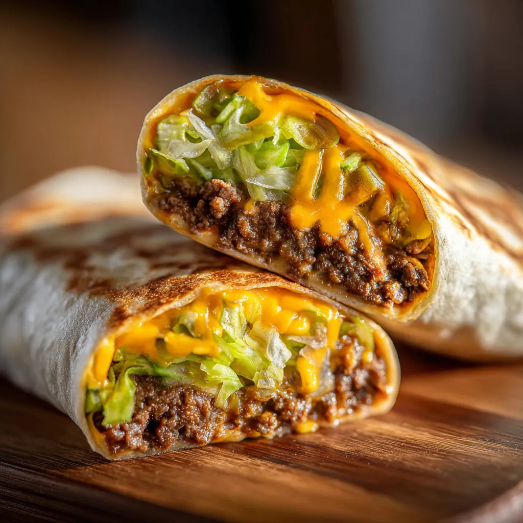Sliced Big Mac wrap with beef, cheese, lettuce, pickles, and sauce