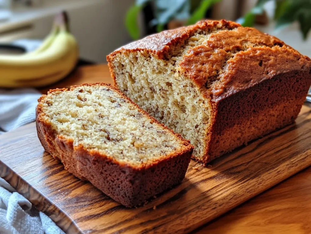Moist cottage cheese banana bread loaf sliced on a wooden board