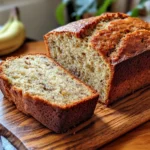 Moist cottage cheese banana bread loaf sliced on a wooden board