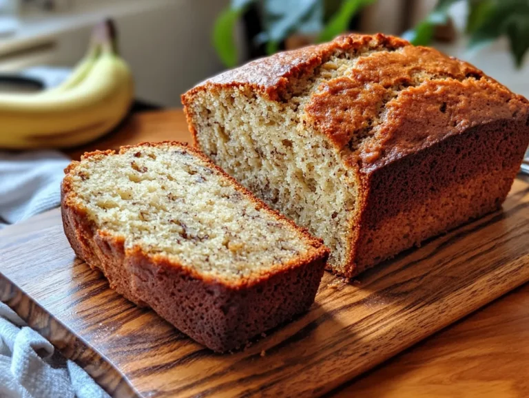 Moist cottage cheese banana bread loaf sliced on a wooden board