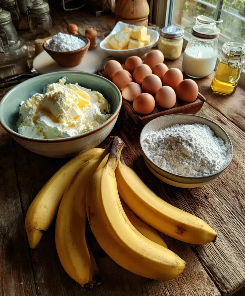 Cottage Cheese Banana Bread 2 Ingredients for cottage cheese banana bread on wooden counter