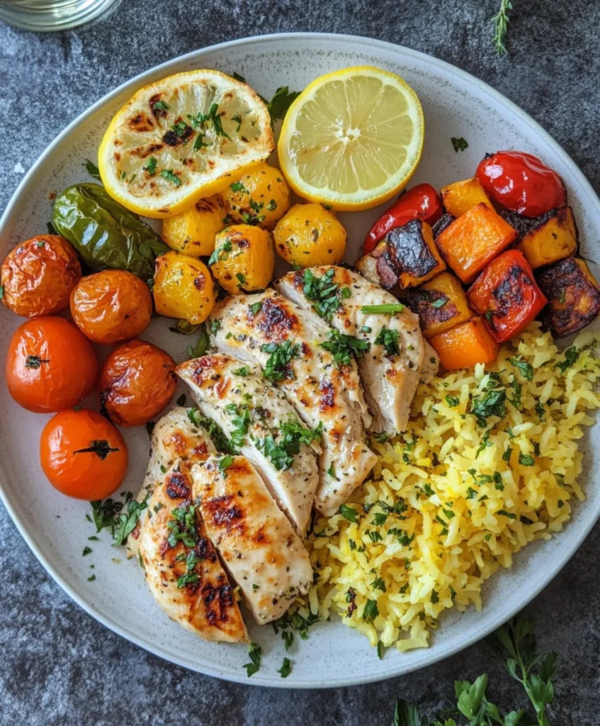 Greek Yogurt Chicken Marinade 5 Greek yogurt chicken served with sides on dinner plate