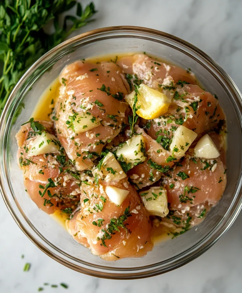 Greek Yogurt Chicken Marinade 3 Raw chicken marinating in Greek yogurt with herbs and lemon