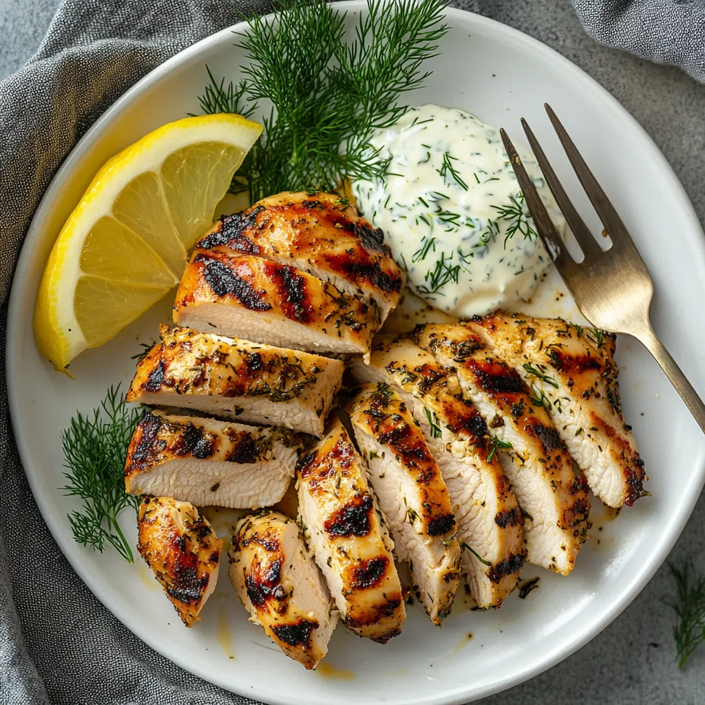 Greek Yogurt Chicken Marinade 8 Grilled Greek yogurt chicken marinade served with lemon and herbs.