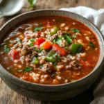 Hearty bowl of stuffed bell pepper soup with vegetables and rice
