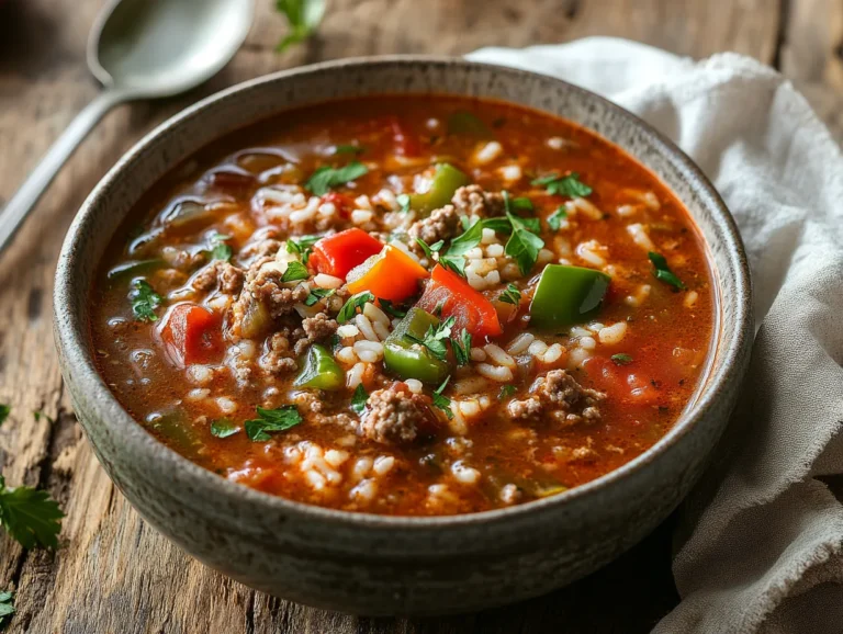 Hearty bowl of stuffed bell pepper soup with vegetables and rice