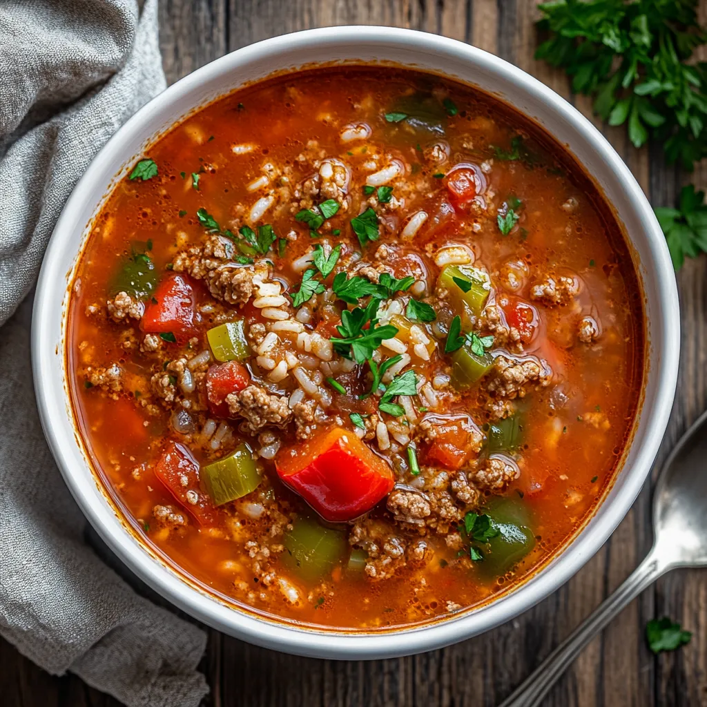 Stuffed Bell Pepper Soup 6 Bowl of stuffed bell pepper soup with peppers, beef, and rice
