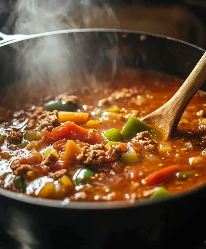 Stuffed Bell Pepper Soup 3 Stuffed bell pepper soup cooking in a Dutch oven