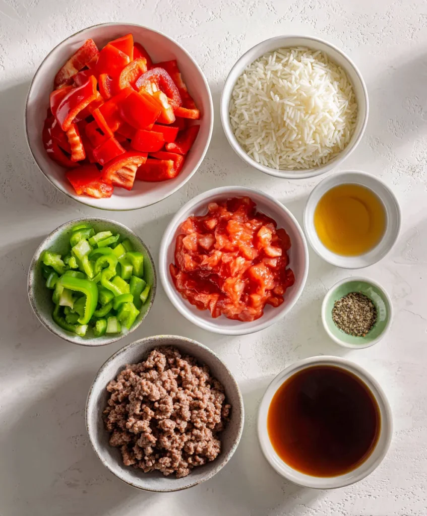 Stuffed Bell Pepper Soup 2 Ingredients for making stuffed bell pepper soup laid out on counter