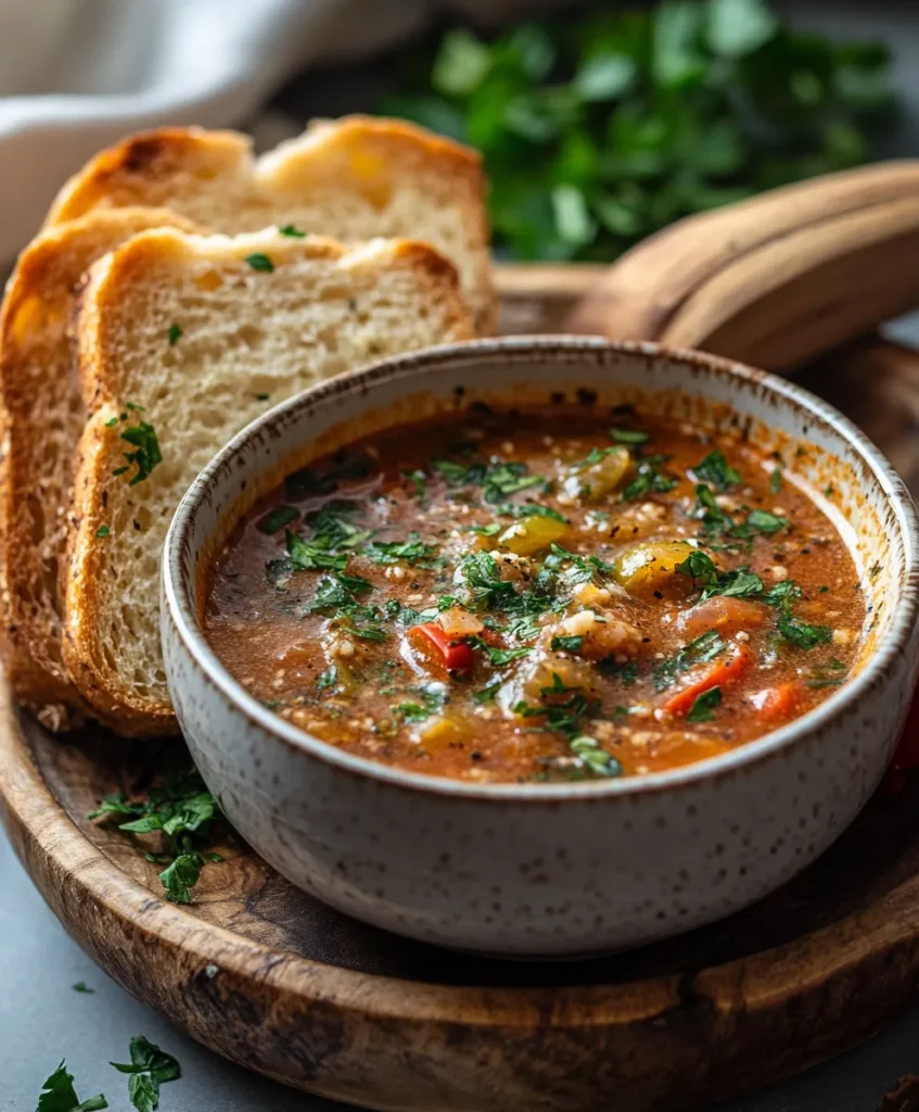 Stuffed Bell Pepper Soup 5 Garlic bread served with stuffed bell pepper soup