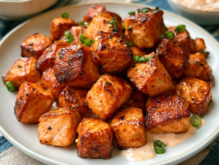 Air Fryer Bang Bang Salmon Bites with browned edges, bang bang sauce, and chopped green onions.