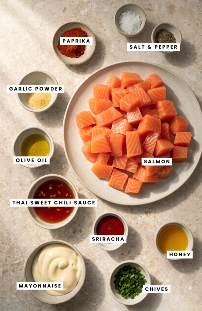 Ingredients for Air Fryer Bang Bang Salmon Bites including salmon, seasonings, mayonnaise, sweet chili sauce, Sriracha, honey, and chives.