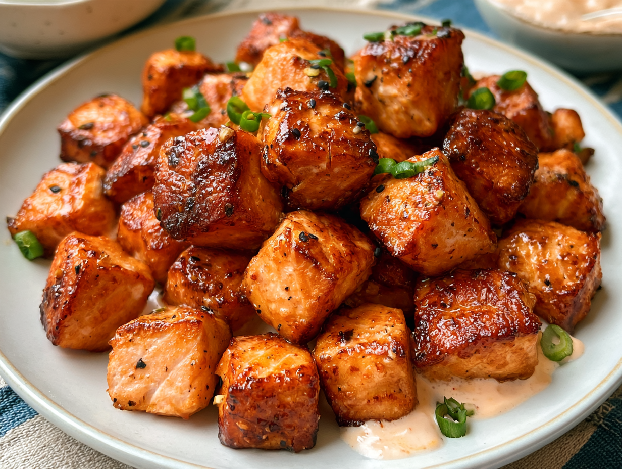 Air Fryer Bang Bang Salmon Bites with browned edges, bang bang sauce, and chopped green onions.