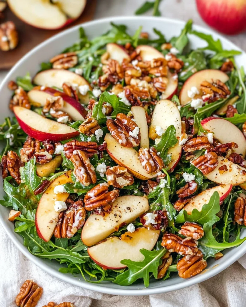 Apple arugula salad with sliced apples, maple pecans, goat cheese, and balsamic dressing