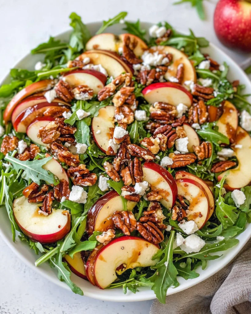 Apple arugula salad with sliced apples, pecans, goat cheese, and balsamic dressing