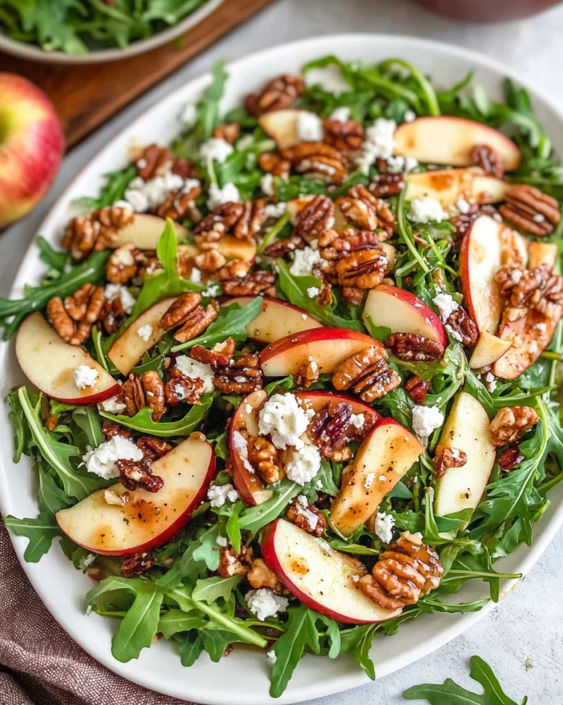 Apple arugula salad with sliced apples, maple pecans, goat cheese, and balsamic dressing