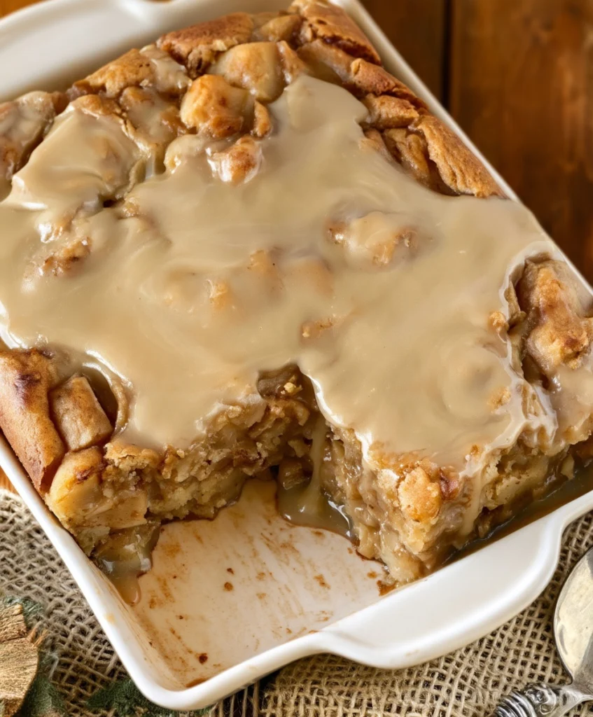 Apple Dapple Cake with brown sugar glaze in a white baking dish