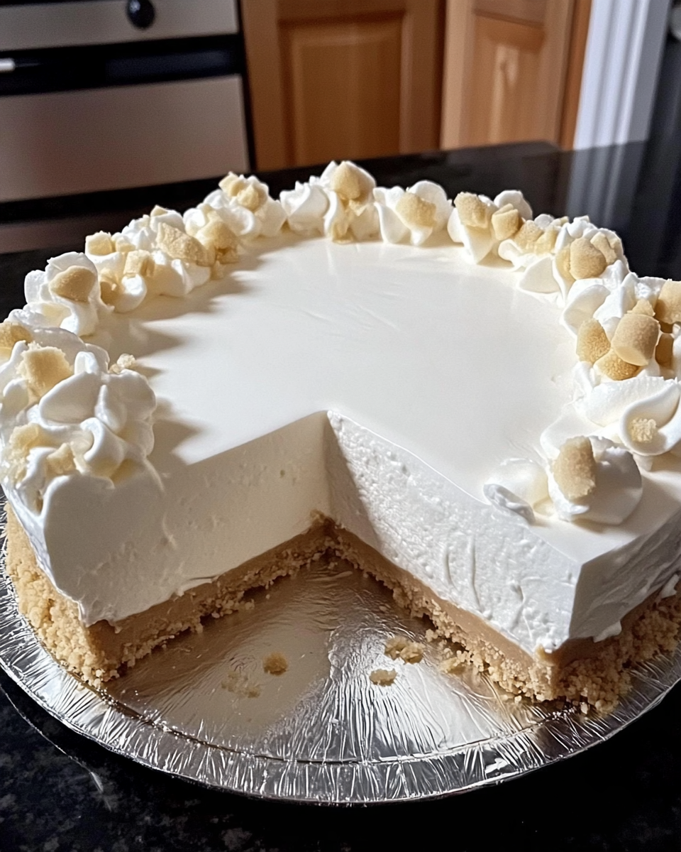 Marshmallow Whip Cheesecake Heaven with a slice removed, showing the fluffy marshmallow filling and graham cracker crust
