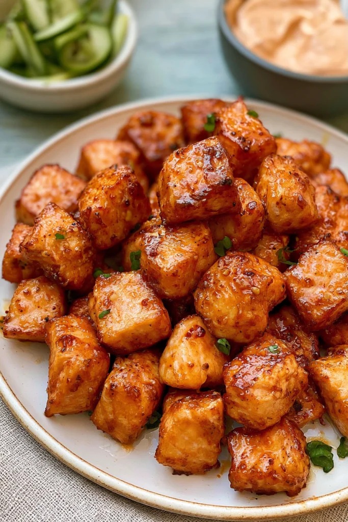 Bang bang air fryer salmon bites with browned edges and chopped green onions.