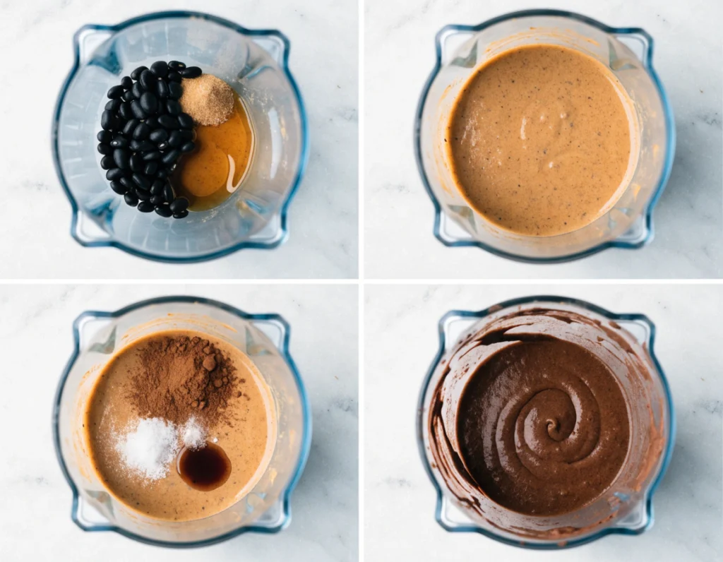 Fudgy Black Bean Brownies 4 Four-step collage showing black bean brownie ingredients added to a blender and mixed into smooth chocolate batter.
