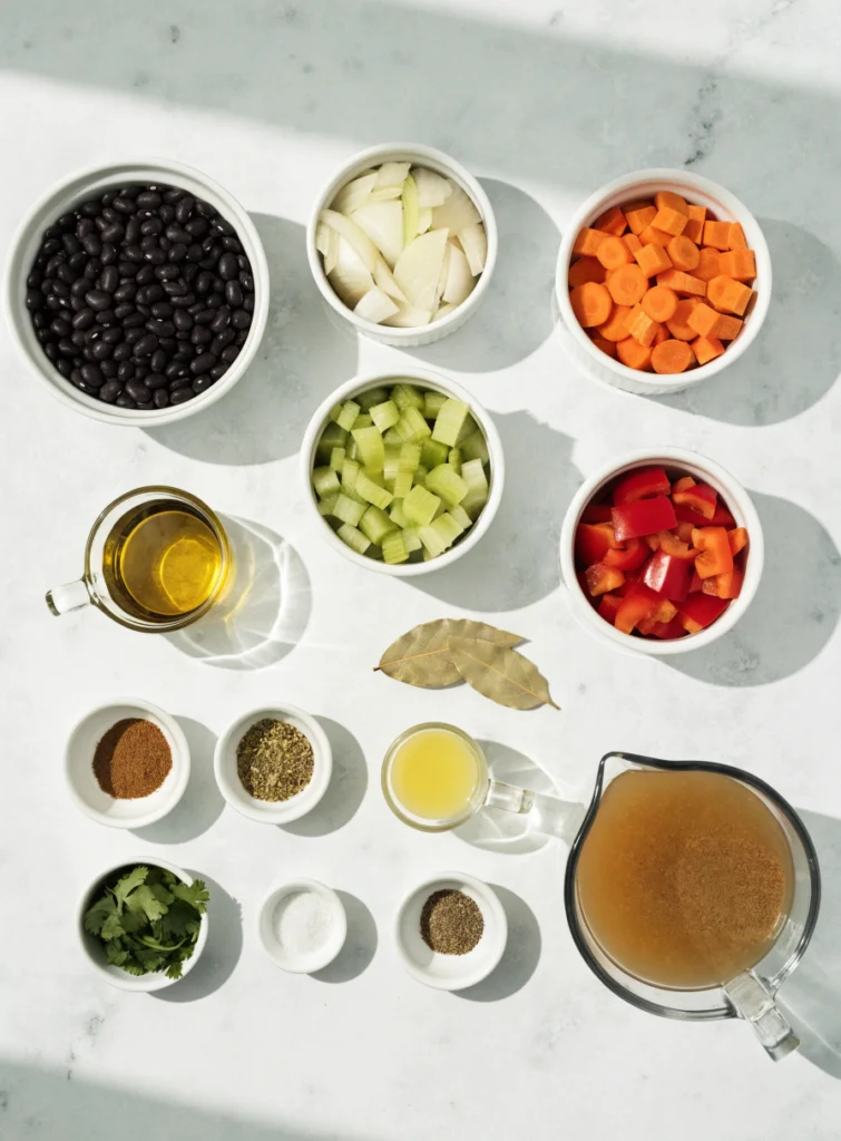 Ingredients for black bean soup arranged on a light marble surface