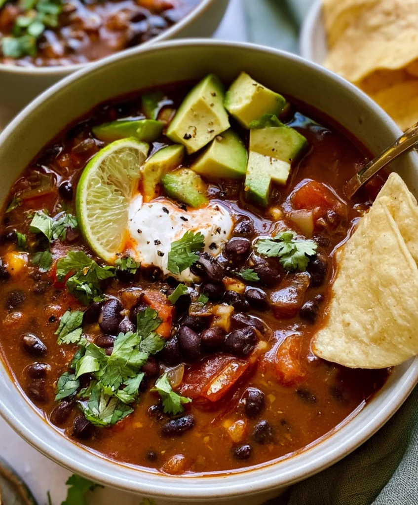 Black bean soup with avocado, lime, cilantro, sour cream, and tortilla chips