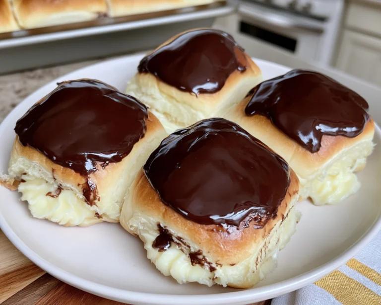 Boston Cream Pie Stuffed Hawaiian Rolls filled with vanilla cream and topped with chocolate ganache