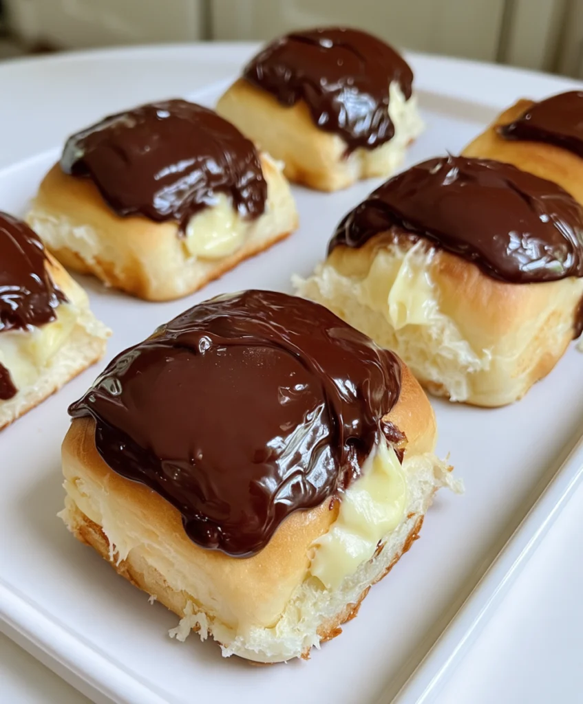 Boston Cream Pie Stuffed Hawaiian Rolls filled with creamy vanilla pudding and topped with chocolate ganache