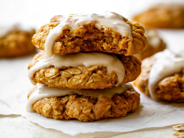 Brown butter pumpkin oatmeal cookies with oats and brown butter glaze stacked on parchment paper