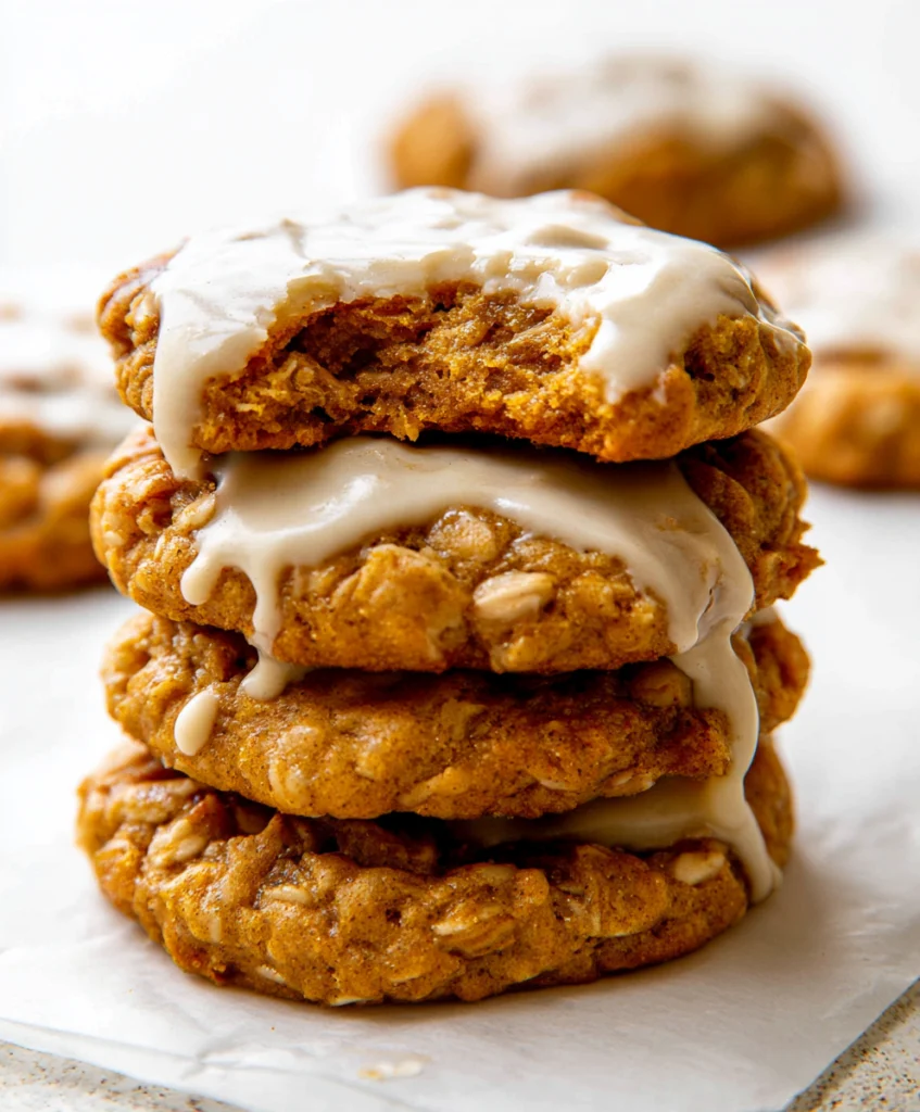Stack of brown butter pumpkin oatmeal cookies with glaze and a bitten cookie showing the soft center