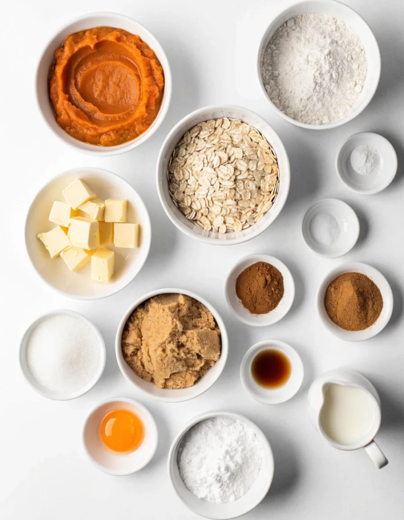 Ingredients for brown butter pumpkin oatmeal cookies arranged in bowls on a white table